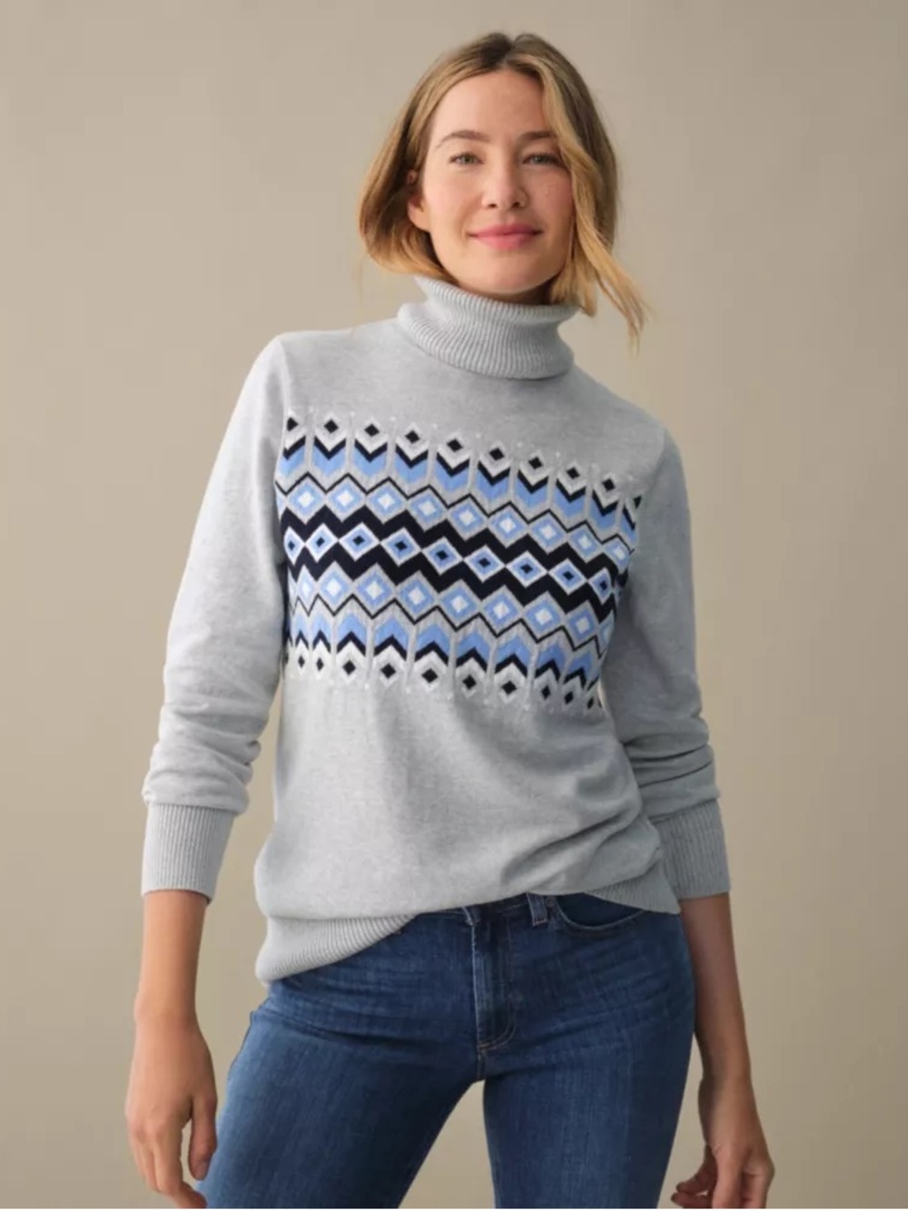 L. L. Bean Women's Cotton/Cashmere Sweater, Turtleneck Intarsia design size L